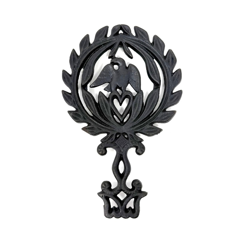 Vintage Cast Iron Eagle Heart Laurel Wreath Trivet Black Americana Decor 9 inch